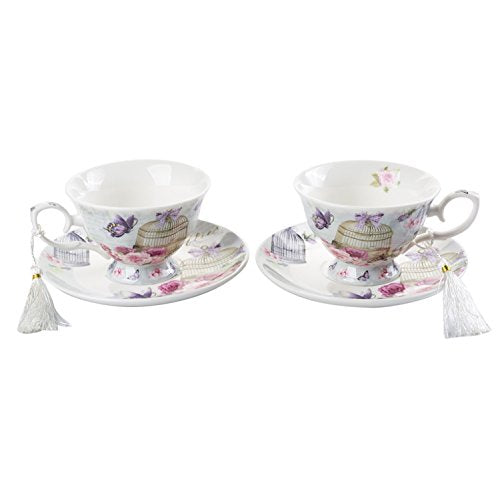Coffee Tea Cup and Saucer Set 2 Shabby Chic Vintage Flora Porcelain Set Gift Box (Lalic Summer Garden)