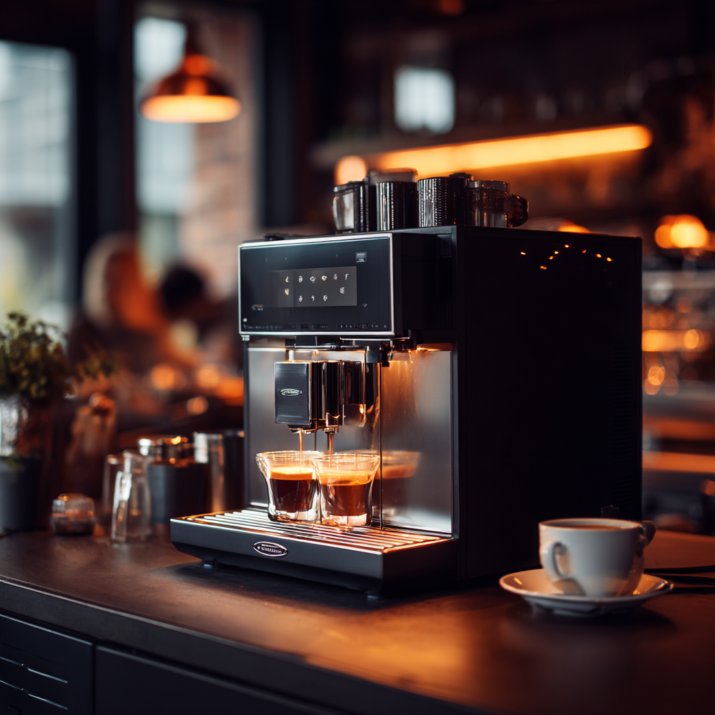 AAutomatic espresso machine pouring two shots in a cozy, warmly lit café.