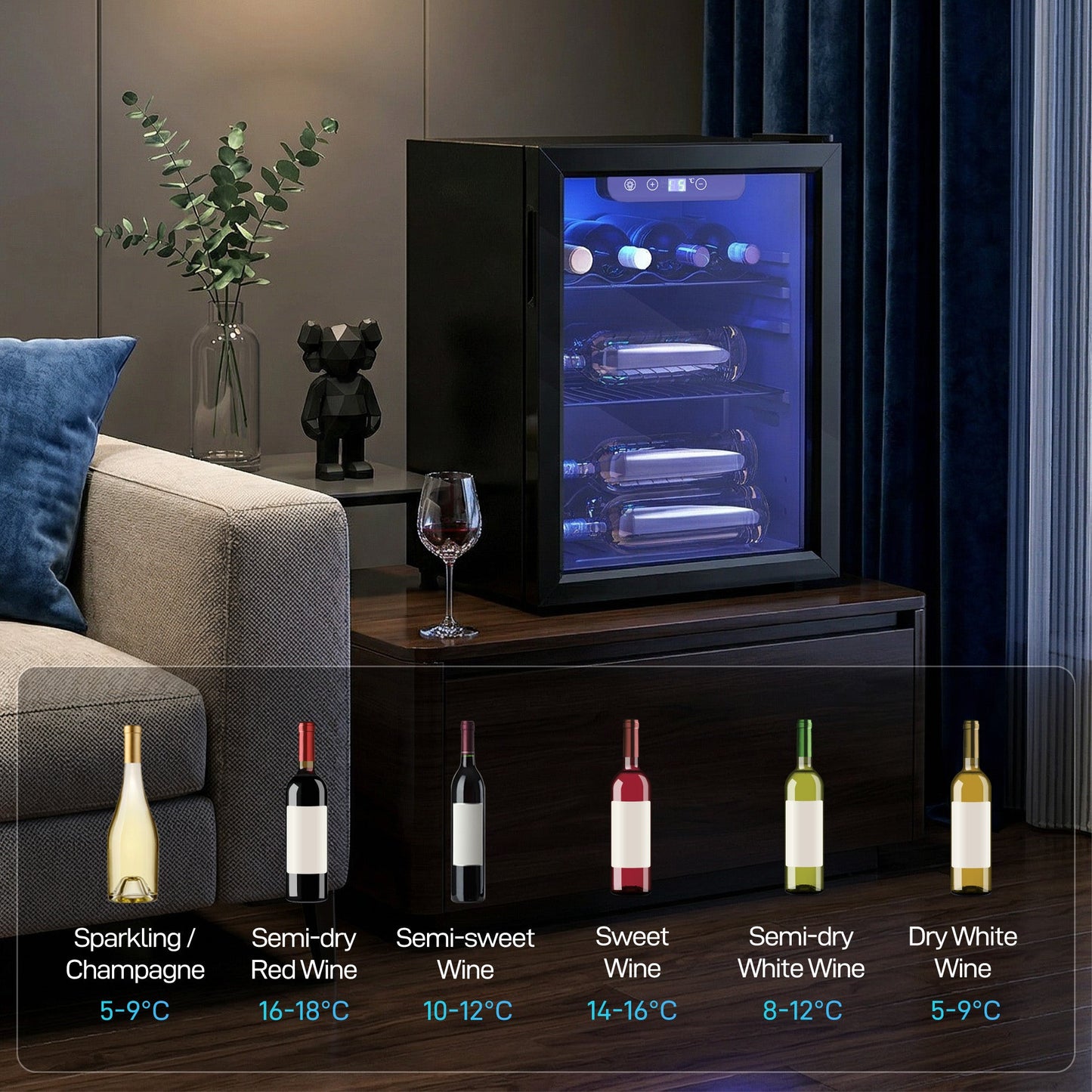 HOMCOM 16 Bottle Wine Cooler, 48 Litre Capacity, 4-16°C Under Counter Drinks Beer Wine Fridge with Glass Door, LED Light, Black
