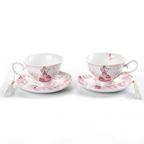 Coffee Tea Cup and Saucer Set 2 Shabby Chic Vintage Flora Porcelain Set Gift Box (Pink Classic Lady)