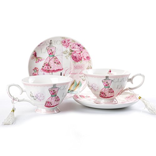 Coffee Tea Cup and Saucer Set 2 Shabby Chic Vintage Flora Porcelain Set Gift Box (Pink Classic Lady)