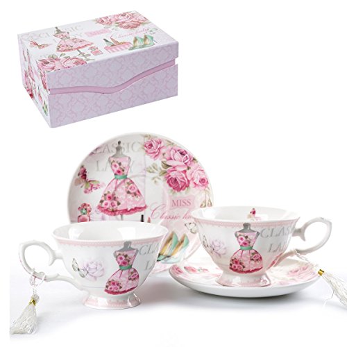 Coffee Tea Cup and Saucer Set 2 Shabby Chic Vintage Flora Porcelain Set Gift Box (Pink Classic Lady)