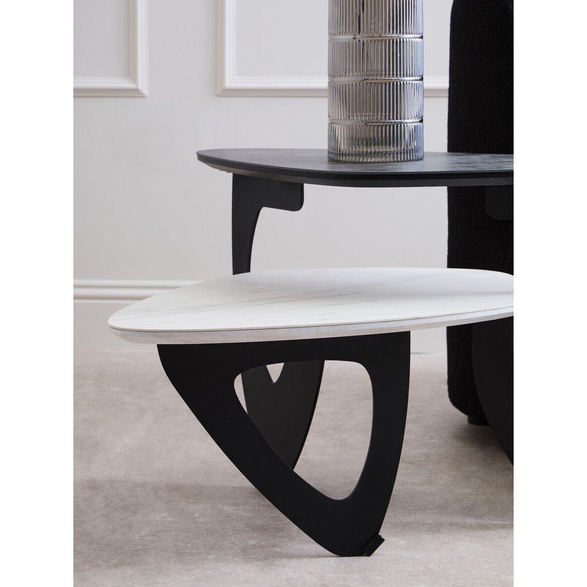 Grey and White Marble Effect Ceramic Tops Small 2-Tier Asymmetrical Coffee Table with Black Metal Base | Imperia