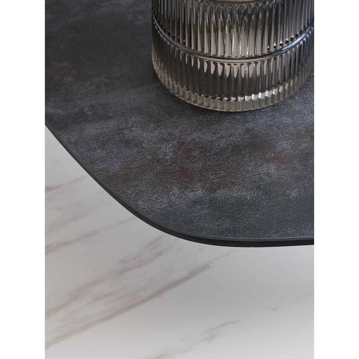 Grey and White Marble Effect Ceramic Tops Small 2-Tier Asymmetrical Coffee Table with Black Metal Base | Imperia