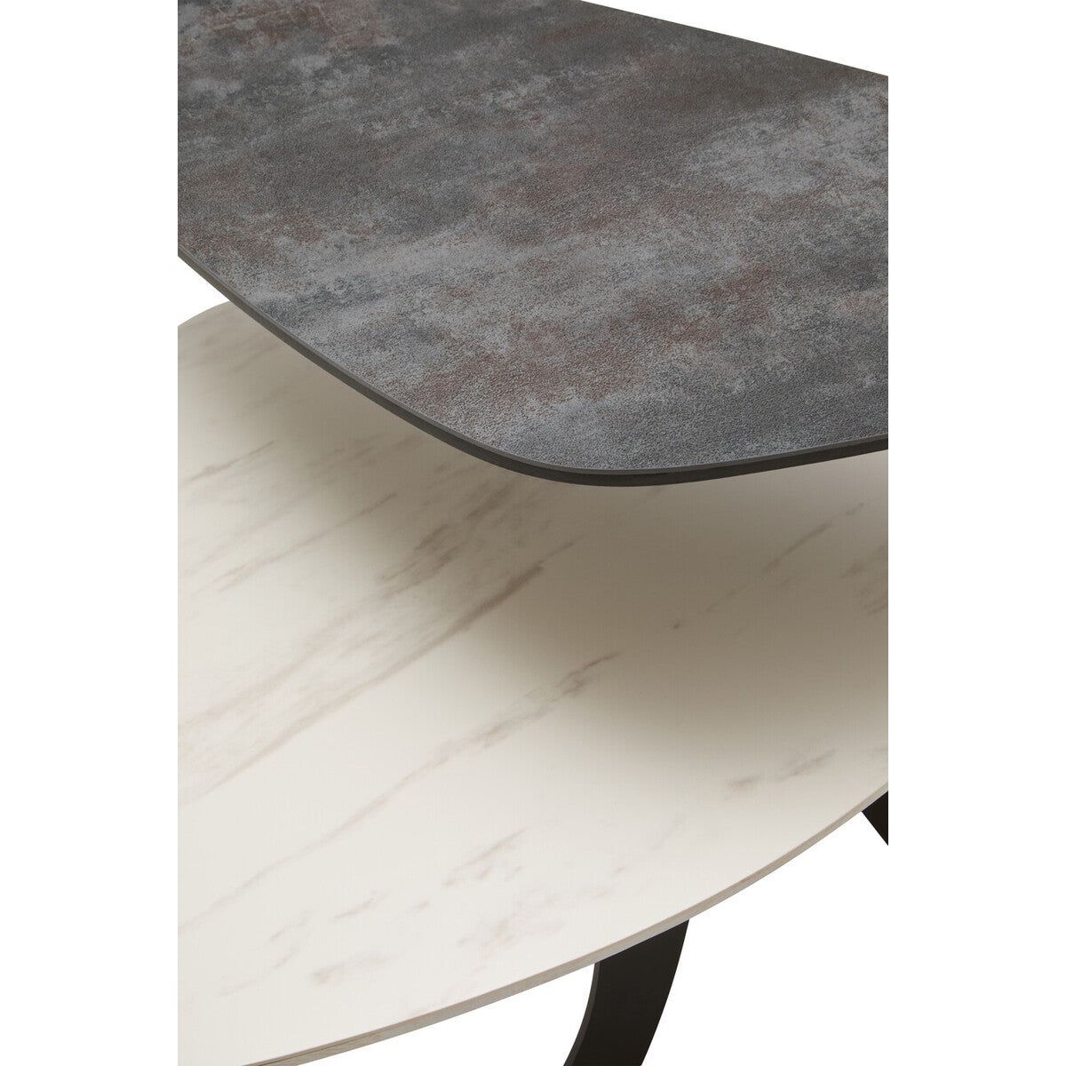 Grey and White Marble Effect Ceramic Tops Small 2-Tier Asymmetrical Coffee Table with Black Metal Base | Imperia