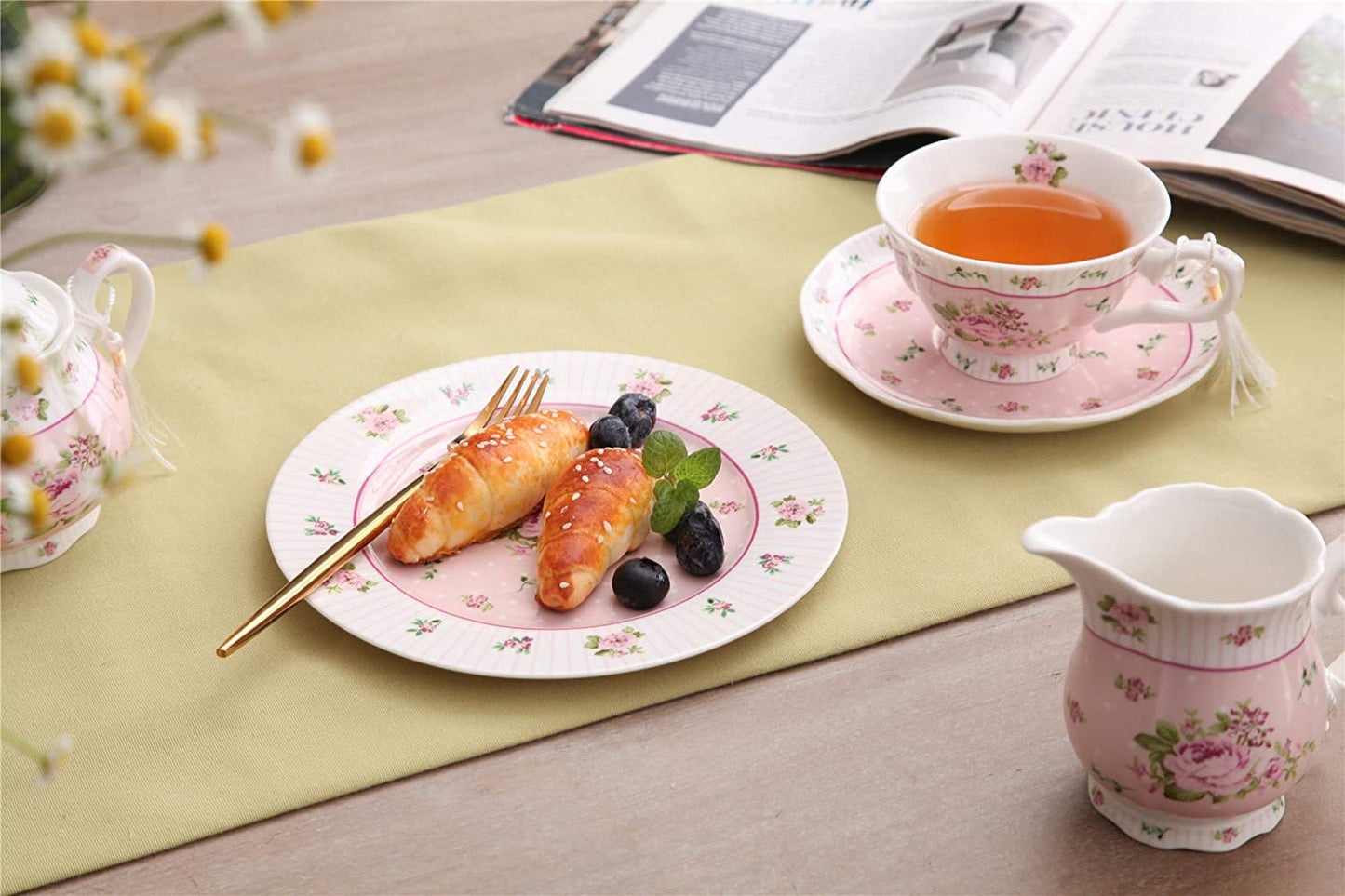 Coffee Tea cups and Saucers set of 2 Vintage Flora Rose Lavender Porcelain Gift Box (Rose Pink 1pc Set)