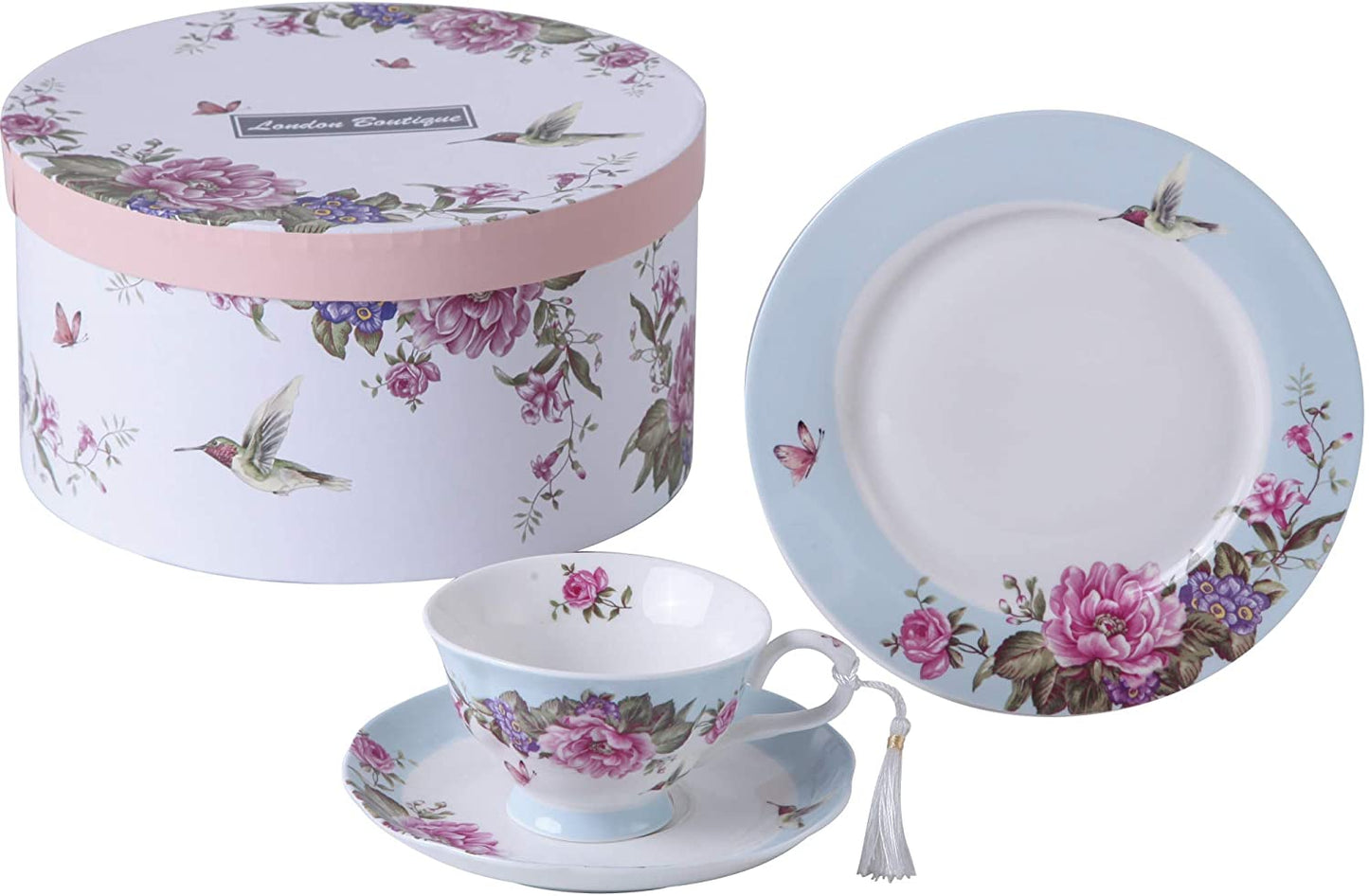 Coffee Tea Cup and Saucer 7.5" Dessert Plate Set 3 Shabby Chic Vintage Porcelain Bird Butterfly Floral Gift Box (Blue)