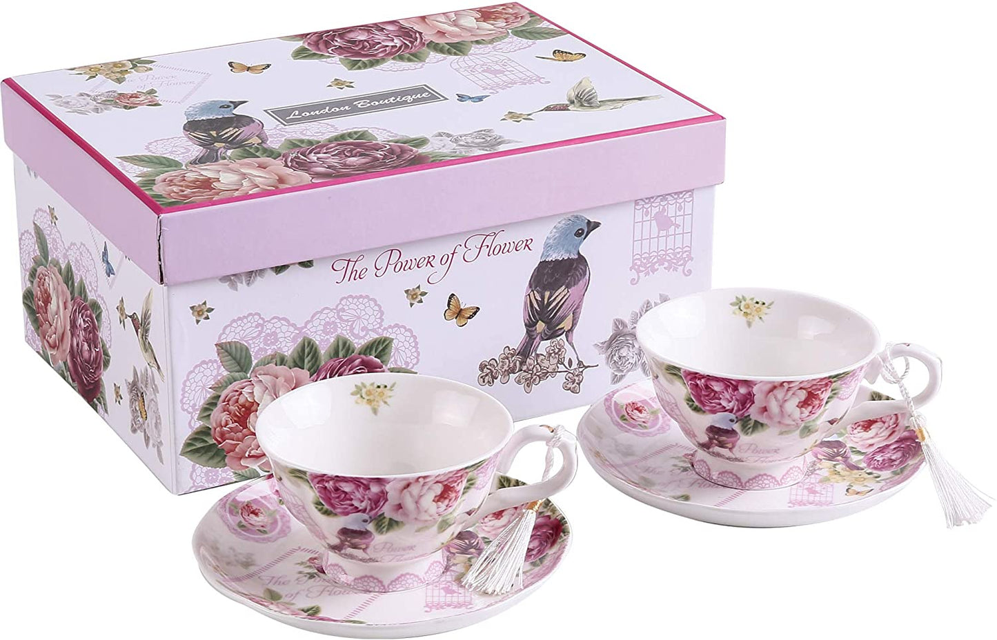 Coffee Tea Cup and Saucer Set 2 Shabby Chic Vintage Flora Porcelain Set Gift Box (Pink Bird Rose)