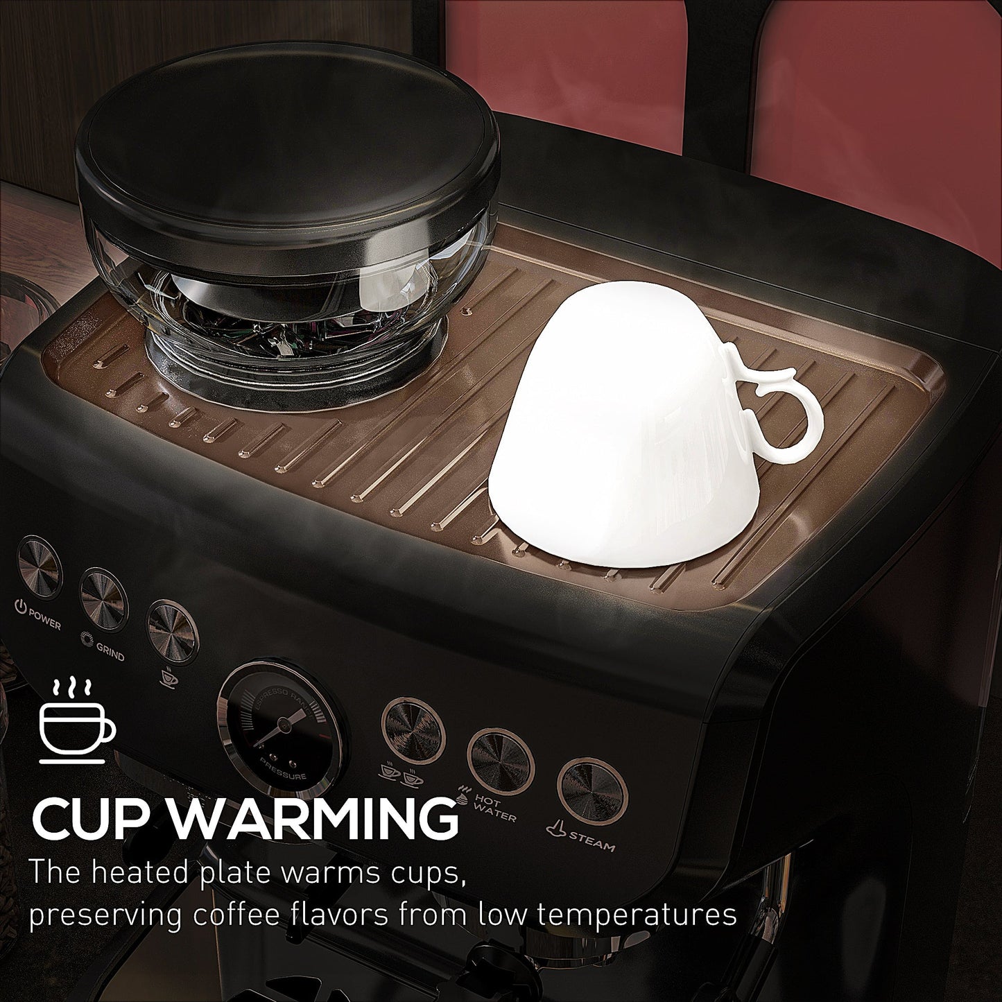 HOMCOM 15 Bar Coffee Machine, with Adjustable Grind, Steamer and Accessories